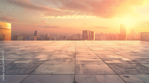 Perspective view of empty concrete floor and modern rooftop building with sunset cityscape scene Mixed media   Generative AI