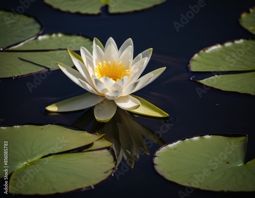 A serene water lily blooms among lily pads on a tranquil pond  showcasing nature s elegance.