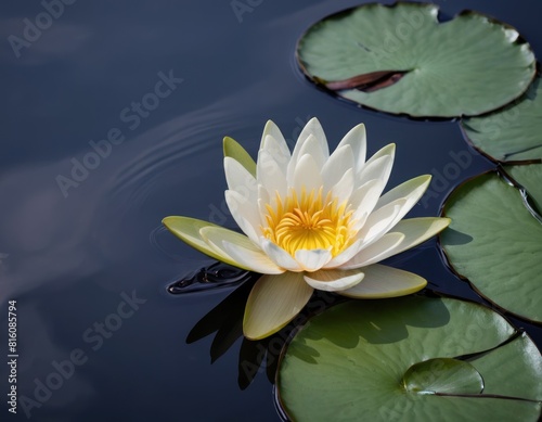 Serene water lily on a calm pond with dark water and lily pads.