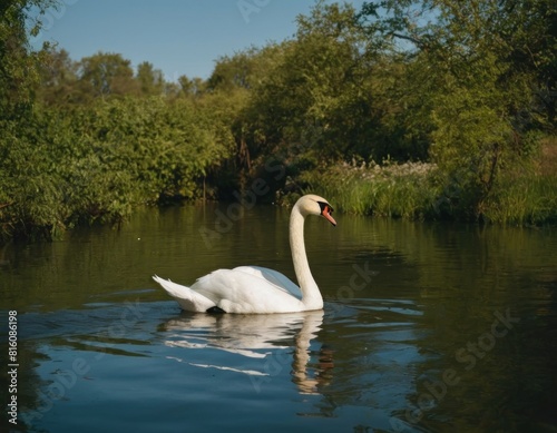 Elegant white swan on tranquil water with reflection and green foliage in the background.