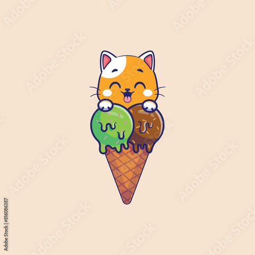 Cat ice cream logo design, vector logo design, illustration  
