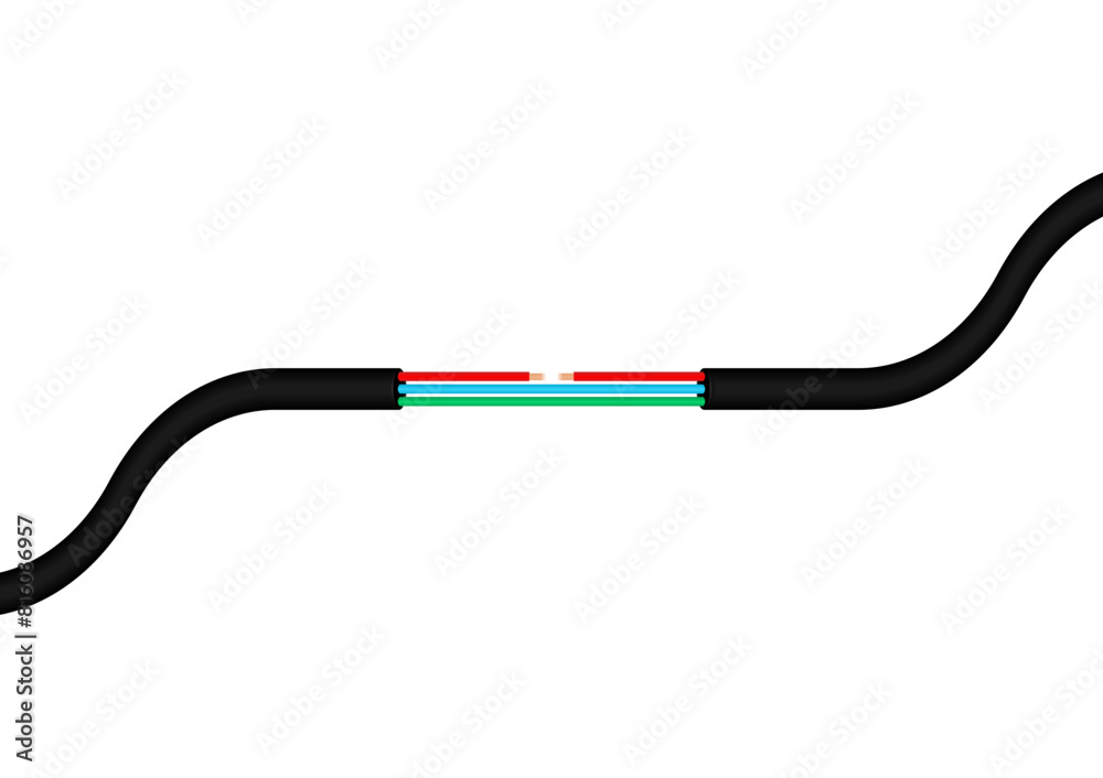 Power Cable. Broken Electric Wires. Damaged Electric Cable. Vector Illustration. 