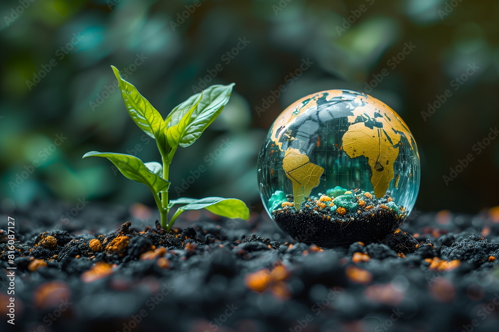 Small young fresh green sprout and a globe nearby on nutritious soil on blurred background. Macro view. Ecology concept Small young fresh green sprout and a globe nearby on nutritious soil on blurred background. Macro view. Ecology concept
