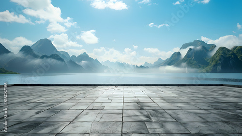Empty square floor and river with mountains under blue sky : Generative AI © Generative AI
