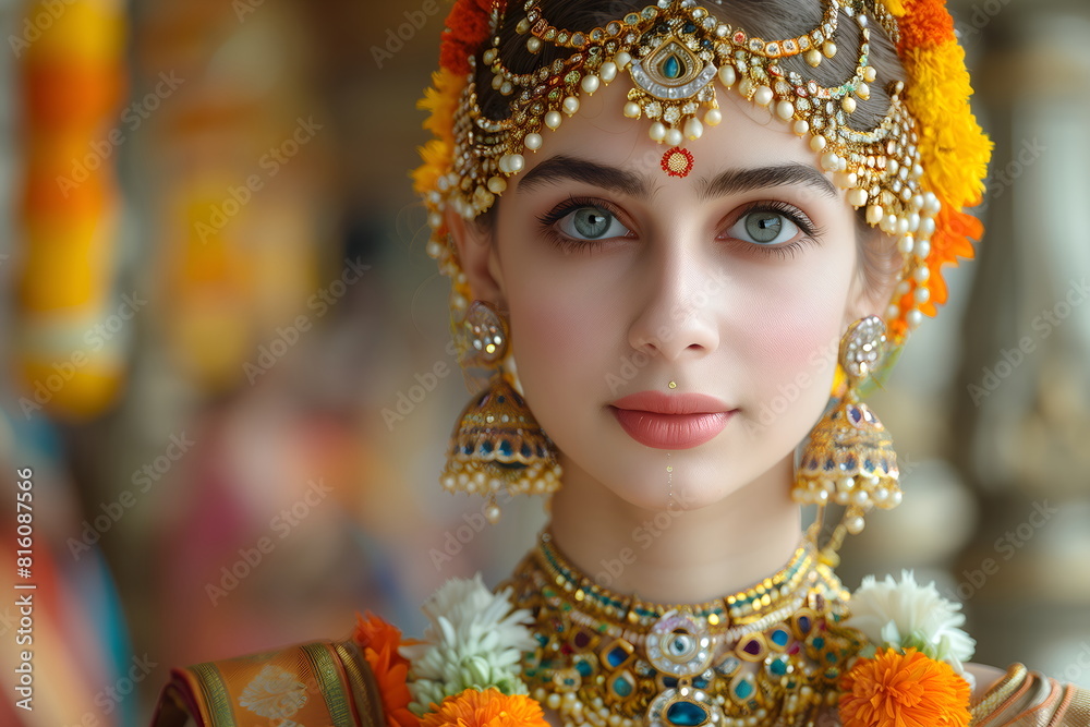 Indian young woman in traditional hindu dress, jewelry and makeup, in puja at Ekadashi celebration. Ekadashi celebration concept Indian young woman in traditional hindu dress, jewelry and makeup, in puja at Ekadashi celebration. Ekadashi celebration concept