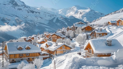 A picturesque winter scene at Les Menuires in the French Alps, featuring typical alpine wooden houses and a ski resort