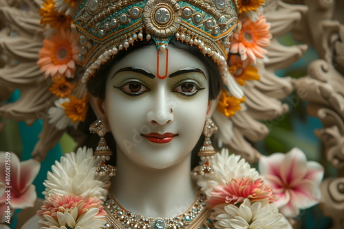 Ekadashi holiday concept. Hindu goddess Radha, Lord Krishna wife, incarnation goddess Lakshmi. Figurine Hindu goddess wearing vines and flowers garlands photo