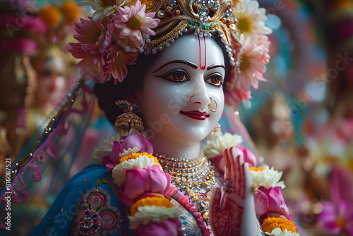 Goddess Radha, Lord Krishna wife, incarnation goddess Lakshmi. Figurine Hindu goddess wearing vines and flowers garlands. Ekadashi holiday concept photo