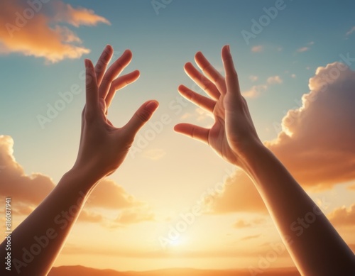 Silhouetted hands reaching up towards a vibrant sunset sky, symbolizing hope, freedom, and spirituality.