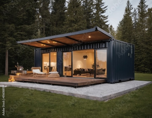 Modern shipping container home with open sliding doors in a forest setting, featuring a cozy interior and outdoor seating.