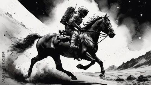An illustration of astronaut is riding a horse on Mars in black and white, astronaut exploring cosmic phenomena in space