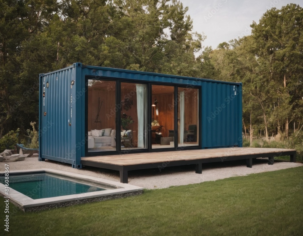 Modern shipping container home with pool and deck in a lush green setting.