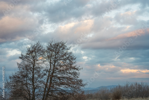 Beautiful clouds during sunset at a Bulgarian countryside in warm winter.