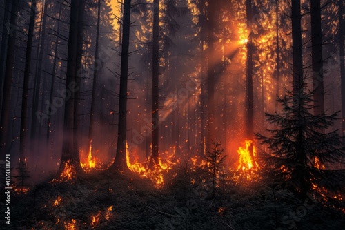 Sunrays piercing through smoke and trees during a forest fire creating a dramatic scenery