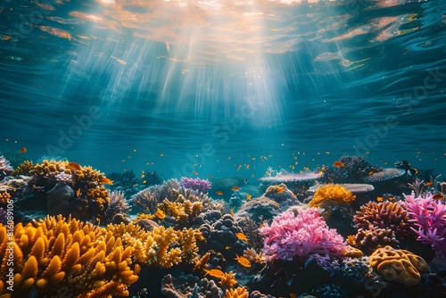 A coral reef with bright sunlight shining through the water
