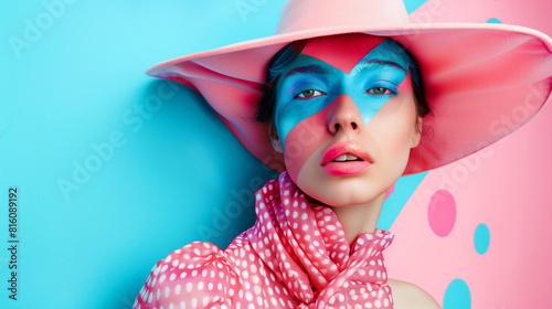 A woman with blue and pink face paint and a pink hat. abstract high fashion model wearing avant-garde clothing and accessories, crazy surreal wall design