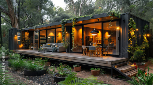 Outdoor home studio office made from a shipping containter set in australian forest. black with wooden deck and green vines and festoon lighting