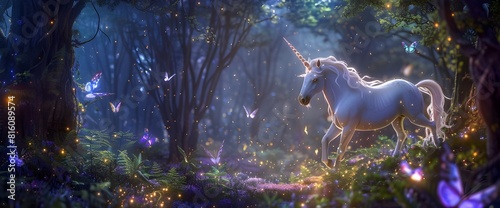 Fantasy scene of enchanted forest at night horse standing gracefully sparkling landscape Beyond imagination.Generative AI
