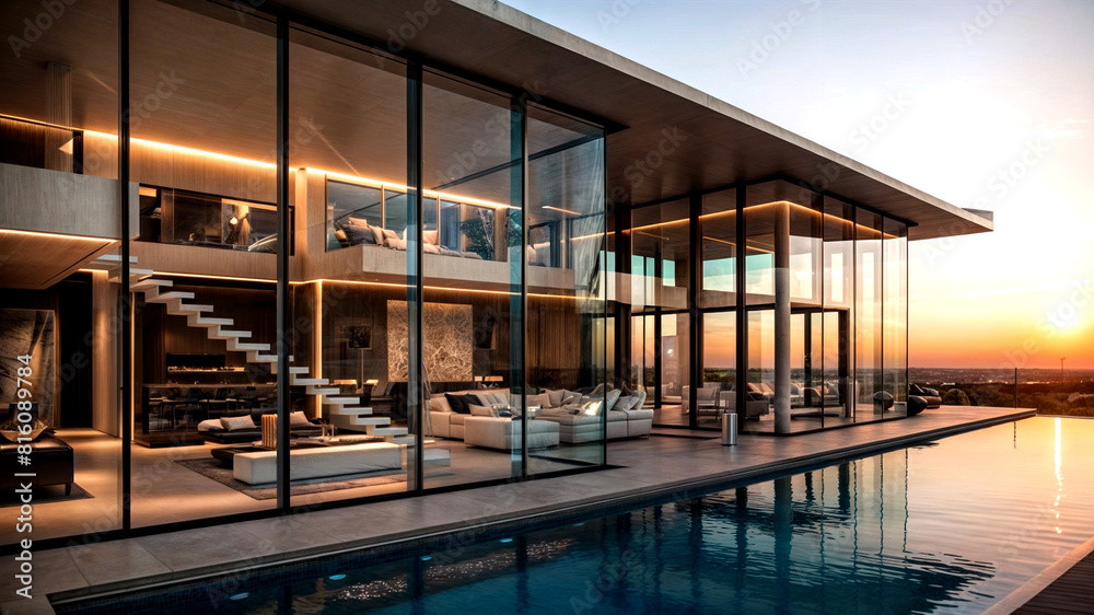 A futuristic, minimalist cube-shaped villa with floor-to-ceiling glass walls. The luxurious modern home is set against a beautifully landscaped front yard. A futuristic, minimalist cube-shaped villa with floor-to-ceiling glass walls. The luxurious modern home is set against a beautifully landscaped front yard.