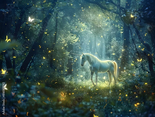 Fantasy scene of enchanted forest at night horse standing gracefully sparkling landscape Beyond imagination.Generative AI © kop