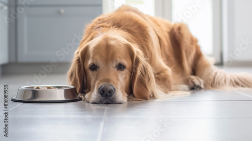 Hora da refeição matinal. Retrato de cachorro golden retriever deitado no chão perto da tigela de comida de cachorro na cozinha. Hora das refeições do cão, rotina diária.