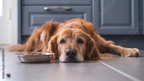 Hora da refeição matinal. Retrato de cachorro golden retriever deitado no chão perto da tigela de comida de cachorro na cozinha. Hora das refeições do cão, rotina diária.