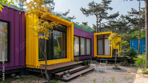 Three bright colored container houses surrounded by trees on the side, in the style of dark gold and purple, hallyu, 32k uhd, functional aesthetics, rinpa school, light indigo and yellow