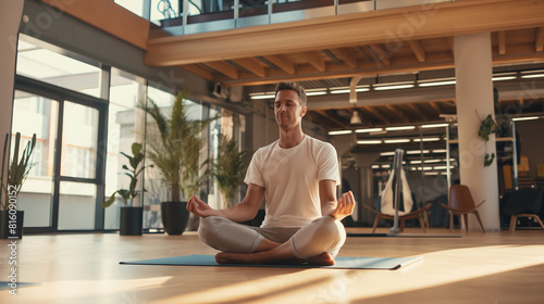 
Área de bem-estar em moderno edifício de coworking. Jovem focado fazendo exercícios de ioga, sentado em pose de lótus e meditando em uma academia de última geração photo