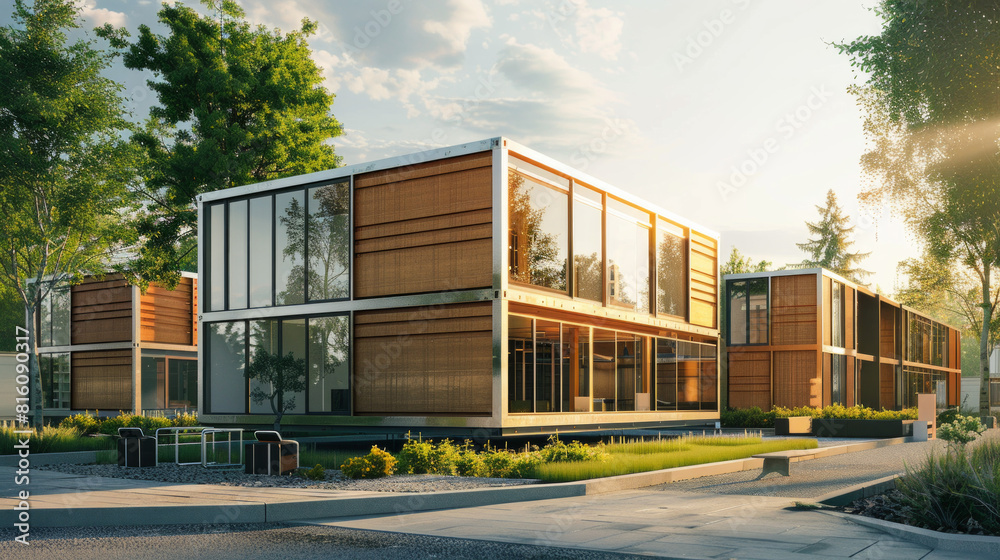 A photorealistic rendering of a modular container office, distinct wooden and cassette facades, warm sunlight. 