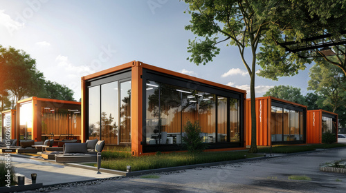 Wallpaper Mural A photorealistic rendering of a modular container office, distinct wooden and cassette facades, warm sunlight.  Torontodigital.ca