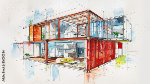 Watercolor and pen architecture sketch diagram of a single shipping container cutaway that has been fit out as a residential apartment
