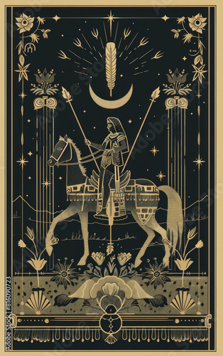Thoth tarot card style with the chariot and some flower decorations arranged everywhere apart from the chariot , subtle monochromatic tones on the chariot, nature inspired shapes