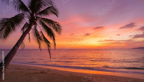 a sunset paints the sky in hues of orange pink over a tranquil beach with a palm tree swaying gently generative ai