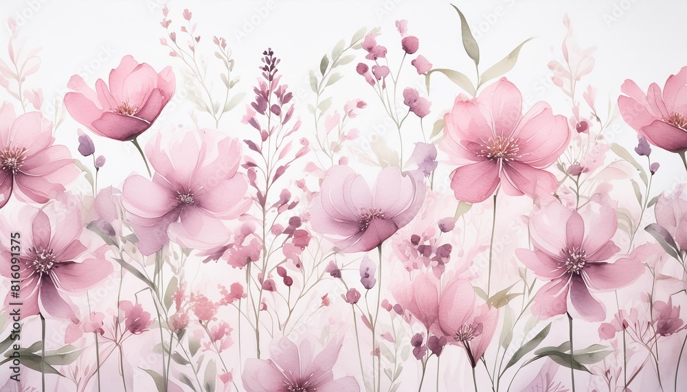 floral watercolor seamless pattern with abstract wildflowers delicate illustration pink color isolated print for textile or wallpapers