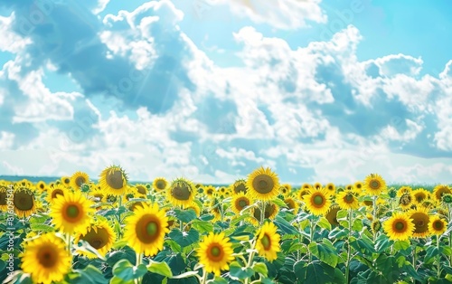 Expansive sunflower field under a vivid blue sky with fluffy clouds.