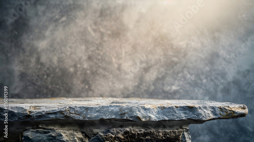 Empty top of natural stone table and grey wall background For product display : Generative AI