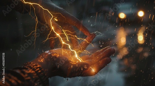 Close-up of a person's hands with a striking display of lightning or electrical energy coursing through them