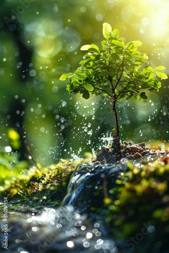 A young tree sprouting in vibrant green  surrounded by droplets of water in a lush  sunlit forest. The image represents growth  renewal  and the nurturing aspect of nature  environmental protection