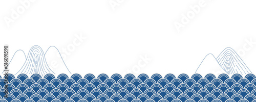 Seigaiha, ocean waves pattern, mountains traditional Asian background on transparent. Line art style vector illustration. Design element, abstract landscape, backdrop, banner, wallpaper, card, poster © Maria Skrigan