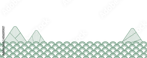 Seigaiha, ocean waves pattern, zongzi dumplings mountains Dragon Boat Festival traditional background on transparent. Line art style vector illustration. Design element, abstract landscape, backdrop
