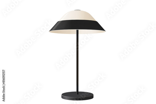 black and white lamp with a large shade. It is a modern design and would be perfect for a living room or office.