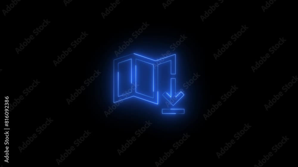 Neon glowing blue color download map icon on black background animation Neon glowing blue color download map icon on black background animation