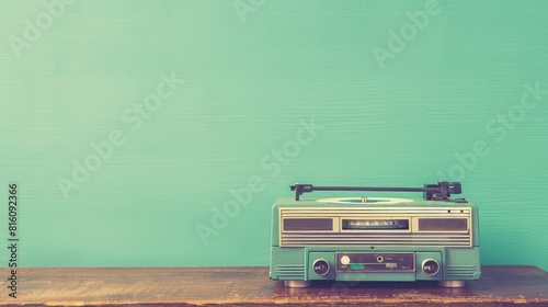 A vintage-style photo depicting a retro, outdated portable cassette tape recorder from the 1980s, set against a mint blue wall on a wooden table