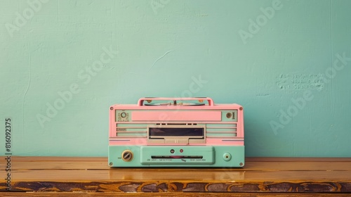 A vintage-style photo depicting a retro, outdated portable cassette tape recorder from the 1980s, set against a mint blue wall on a wooden table