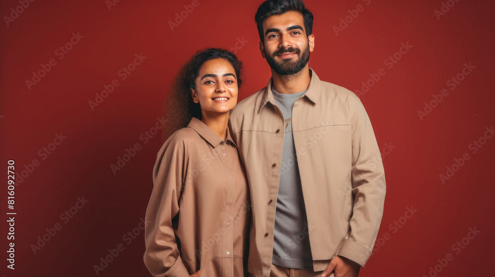 Young couple standing together on red background