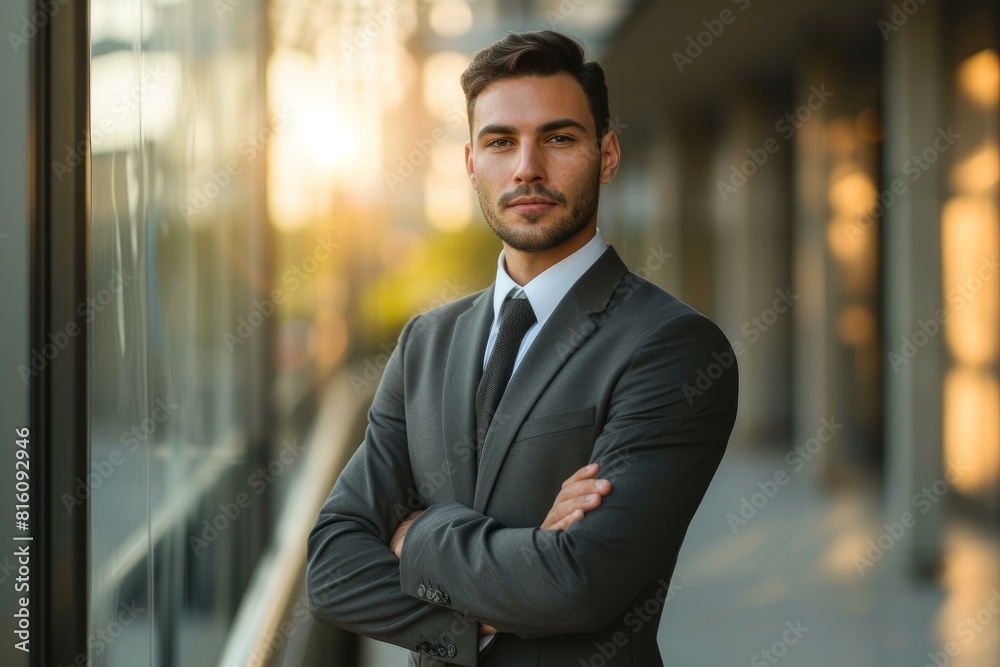 Young professional man in a suit stands confidently in a modern city environment Young professional man in a suit stands confidently in a modern city environment