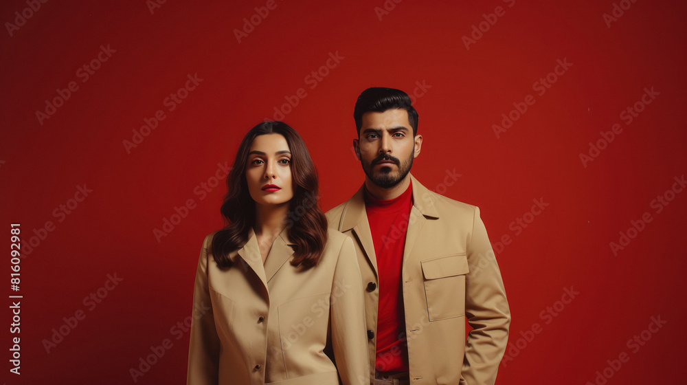 Young couple standing together on red background Young couple standing together on red background