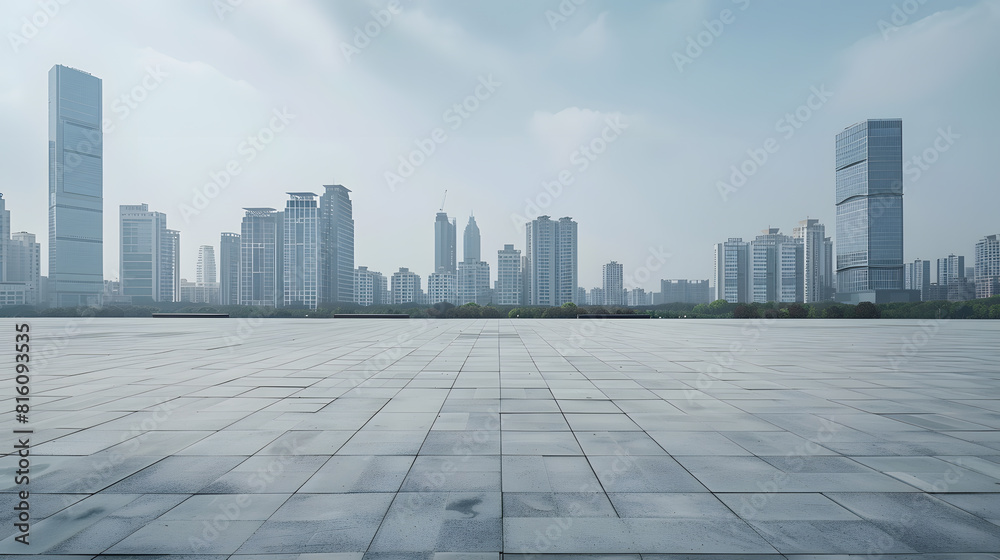 Empty square floor and city skyline with modern buildings in Ningbo Zhejiang Province China : Generative AI Empty square floor and city skyline with modern buildings in Ningbo Zhejiang Province China : Generative AI