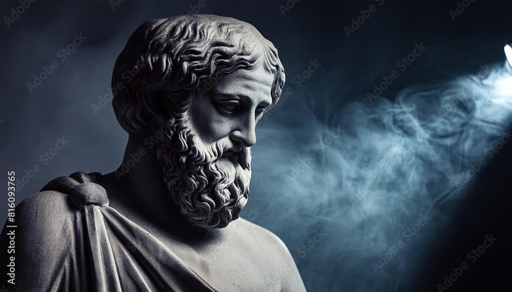 Stone sculpture of stoic. Ancient Greek god, statue representing philosophy. Dark moody atmosphere