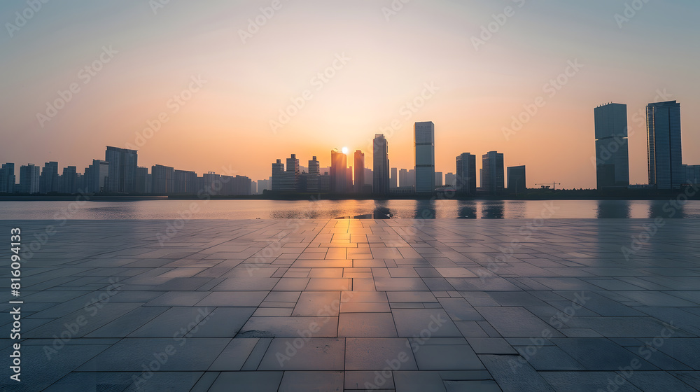 Empty floor and city skyline with modern building at sunset in Suzhou China high angle view : Generative AI Empty floor and city skyline with modern building at sunset in Suzhou China high angle view : Generative AI